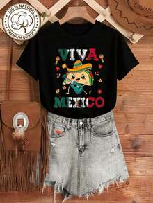Women's Plus Size Viva Mexico Graphic T-Shirt - 100% Cotton, Short Sleeve, Crew Neck, Casual Top With Vibrant Mexican Culture Design, Maracas, Sombrero And Chili Print, Red/Blue Green, Machine Washable, All Season Comfort, Ideal For Summer - 黑色 - 查看 7