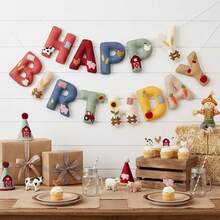 2D Flat Farm And Forest Animal Theme Felt Happy Birthday Banner Set, Rustic And Forest Animal Bunting Decoration DIY Birthday Party Wall Decor - A - View 3