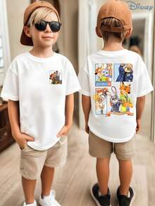 Boys' Disney Zootopia Judy & Nick Collage Double-Sided Graphic T-Shirt, Kids Cute Animal Tee, Soft Breathable Casual Top For Boys, Ideal For Everyday Wear, Playground, School, Theme Parks, Vacation & Outdoor Activities - 白色 - 查看 1