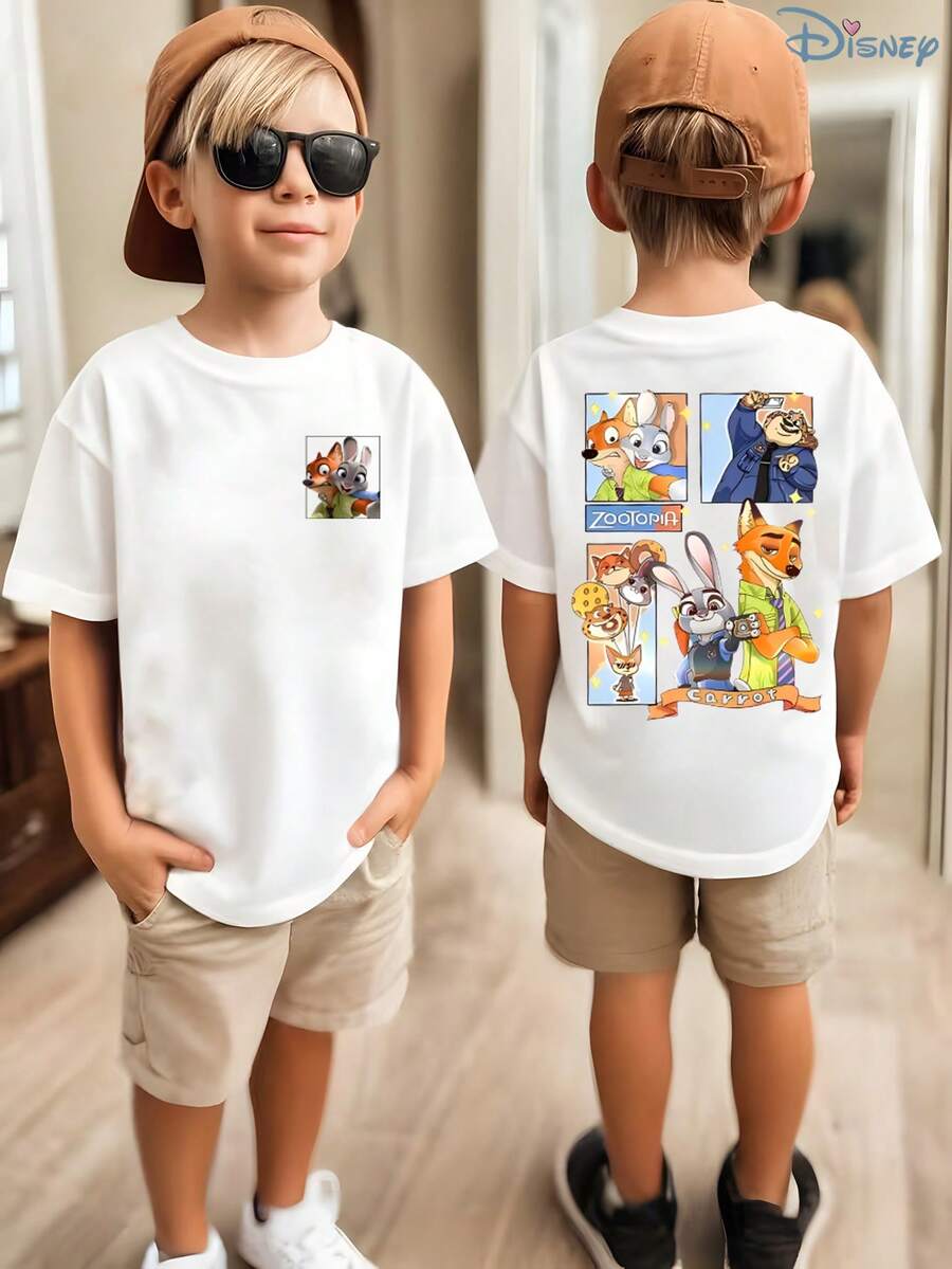 Boys' Disney Zootopia Judy & Nick Collage Double-Sided Graphic T-Shirt, Kids Cute Animal Tee, Soft Breathable Casual Top For Boys, Ideal For Everyday Wear, Playground, School, Theme Parks, Vacation & Outdoor Activities - 白色 - 查看 1