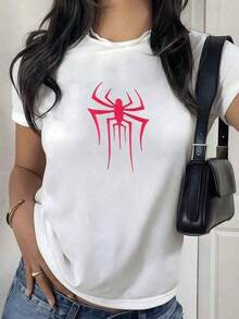 Playera Ajustada Araña Roja Gráfico Estilo Y2K Gótico Superhéroe Cómic, Manga Corta Negra Casual - Blanco - Ver 7