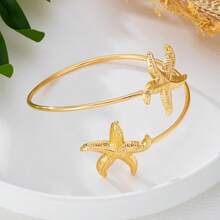 Elegant 3D Gold Flower & Butterfly Openable Bangle Bracelet, Adjustable Starfish & Faux Pearl Armlet - Starfish - View 6