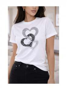 Soft 100% Cotton Women's T-Shirt With An Intertwined Heart Print, Shimmering Textured Effect, Glamorous And Elegant Style, And Rhinestone Embellishments. Breathable Cotton T-Shirt That Goes With Everything. - 黑色 - 查看 4