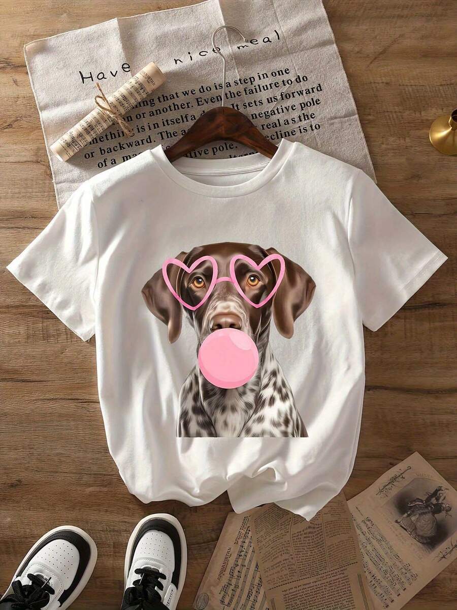 Women's T-Shirt With Graphic Cartoon Print Of A Short-Haired German Shorthaired Painted Dog - 100% Cotton, Loose Fit, Crew Neck, Short Sleeve, 180 G/M², Lightweight, Casual Summer Style With Random Print For Casual Wear, Sports And Outings, Y2k T-Shirt - 黑色 - 查看 1