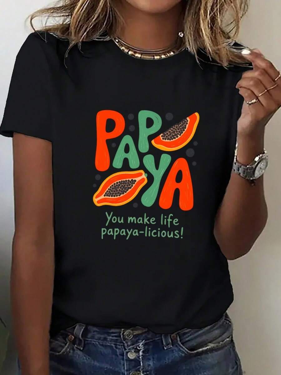 Camiseta Oversize para Mujer Talla con Estampado Divertido de Papaya y Frase en Español - Manga Corta Ligera, Cuello Redondo Casual para Verano, Ajuste Holgado para Playa y Vibes Tropicales, Lavable aáquina, Diseño Geométrico, Uso Todo el Año, Opciones de Estampados, Cómoda y Relajada - Negro - Ver 1
