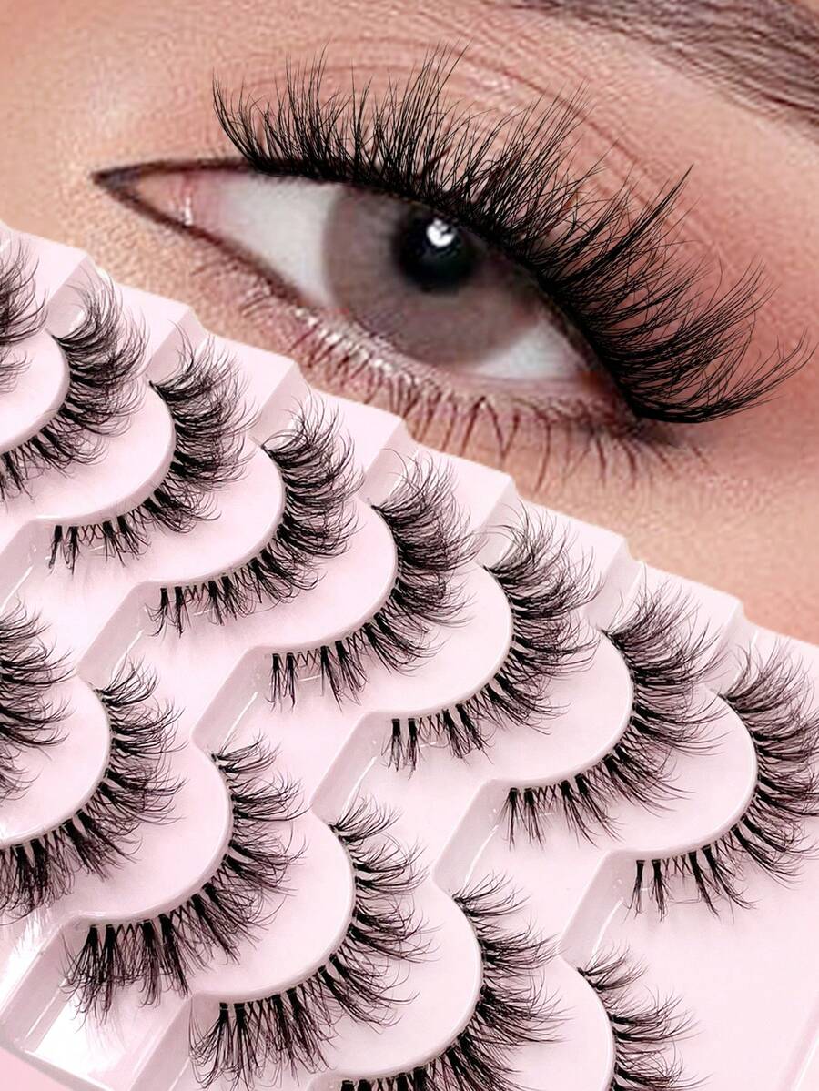 ENCHUW 8 Pairs False Eyelashes Clear Band Fluffy Lashes 3D Wispy Lashes Pack Soft Long Thick Volume Eyelashes - Black - View 1