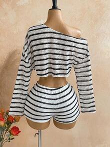 Conjunto informal de 2 piezas de top corto con cuello irregular y borde de lechuga, y shorts, en unicolor, para vacaciones, primavera/verano - Blanco y Negro - Ver 2