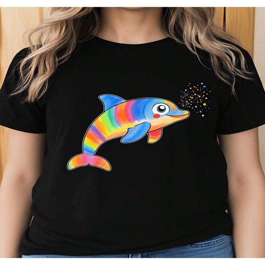 Women's Cotton Rainbow Dolphin Graphic Short Sleeve Round Neck T-shirt, Casual and Stylish Top with High Stretch Fabric - Negro - Ver 1