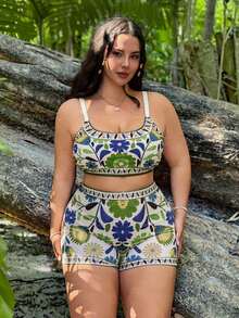 Swim Vcay Set de 3 piezas de traje de baño tipo tankini con estampado floral para mujer talla grande, conjunto casual de playa de verano - Multicolor 3 - Ver 4