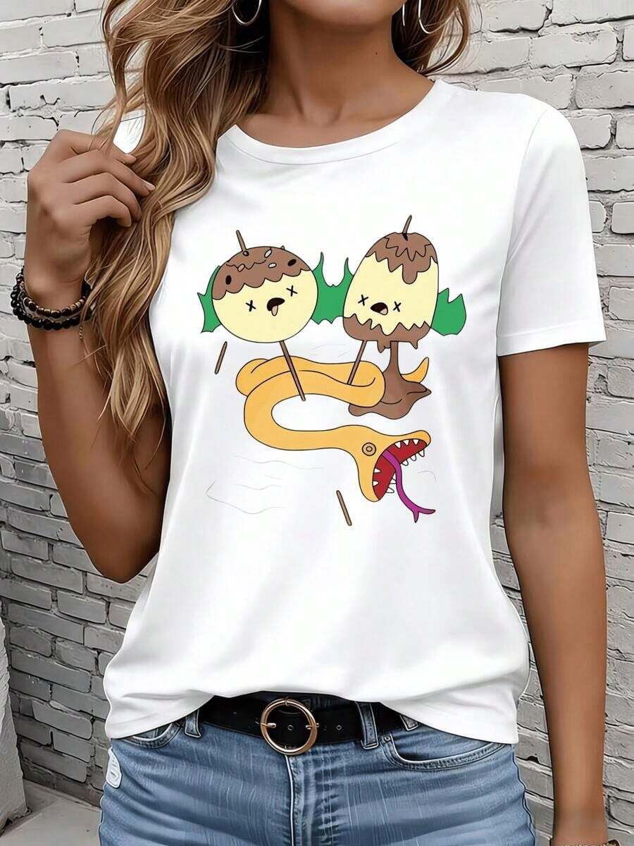 Women's Short-Sleeved T-Shirts In Black And White Are Suitable For Everyday Wear, Lounging At Home, And Outdoor Activities. This Casual Summer T-Shirt Features A Fun Print Of A Snake Eating Ice Cream. The White Graphic Tee Is A Fun Gift For Parties Or Holidays. - 白色 - 查看 1