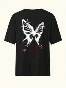 Nueva llegada 2026: Camiseta de manga corta con estampado de mariposas para mujer, camiseta casual con hombros caídos y diseño gráfico lindo, adecuada para uso diario, salidas de moda, para todas las estaciones. - Negro - Ver 2