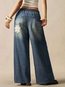 Jeans anchos de pierna ancha de unicolor tejidos informales para mujer - Azul - Ver 6