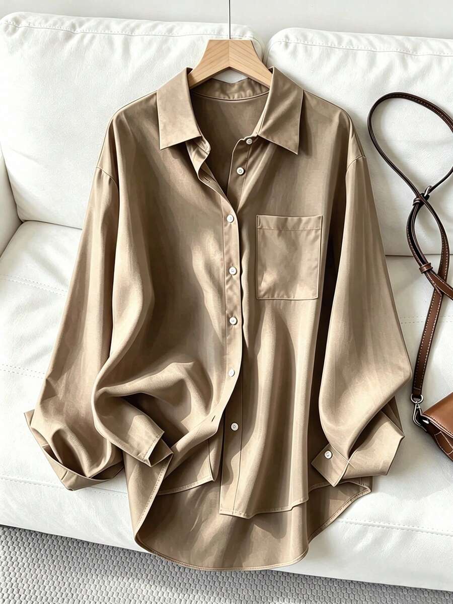 Women's Casual Loose Front Button Long Sleeve Shirt, Suitable For Spring And Autumn - Beige - View 1