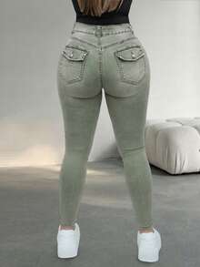 Women's Casual Slim Fit Jeans, Medium Stretch Fabric, Long Length, With Button Zipper Pockets, Suitable For Autumn Wear Fall - Green - View 6