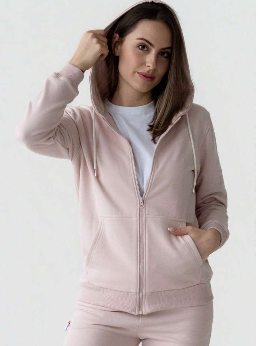 女款法式毛圈布連帽拉鍊運動衫,羅紋袖口與下擺收邊,尺寸 XS–10XL,適合春、夏、秋季穿著 - 藕粉色 - 查看 1