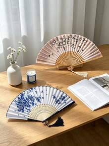 2pcs Vintage Printed Folding Fans With Tassels, Portable Bamboo Hand Fans For Cooling, Suitable For Beach, Wedding, Music Festival, Daily Use, Gift For Women - Fan - View 8