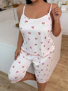 Plus Size Cherry Print Milk Silk Camisole & Long Pants Pajama Set For Women - White - View 5