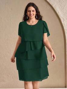 Reflora Vestido de moda con cuello redondo, mangas con volantes y estampado floral para mujer de talla grande - Verde Oscuro - Ver 3