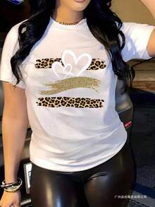 Women's T-Shirt. Single Garment, Not A 3-Piece Set. 1 Piece/Set Of Long-Sleeved T-Shirts Suitable For Streetwear. Oversized Round Neck Top For Daily Outings, Camping, Concerts, Hip-Hop, Rock, And Rap Events. Combination Of Leopard And Floral Print With Heart Shape. Summer Graphic T-Shirts For Women. - 白色 - 查看 2