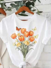 1 Piece Of Women's Clothing, Orange Tulip And Yellow Rose Pattern With Butterflies, Round Neck Casual Sportswear, Daily Casual Fashion, Women's Winter Clothes, Christmas Gift, Autumn Clothes - 白色 - 查看 6
