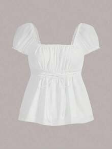 Camiseta casual de mujer con estampado de lunares y cintura con lazo en color amarillo - Blanco - Ver 5