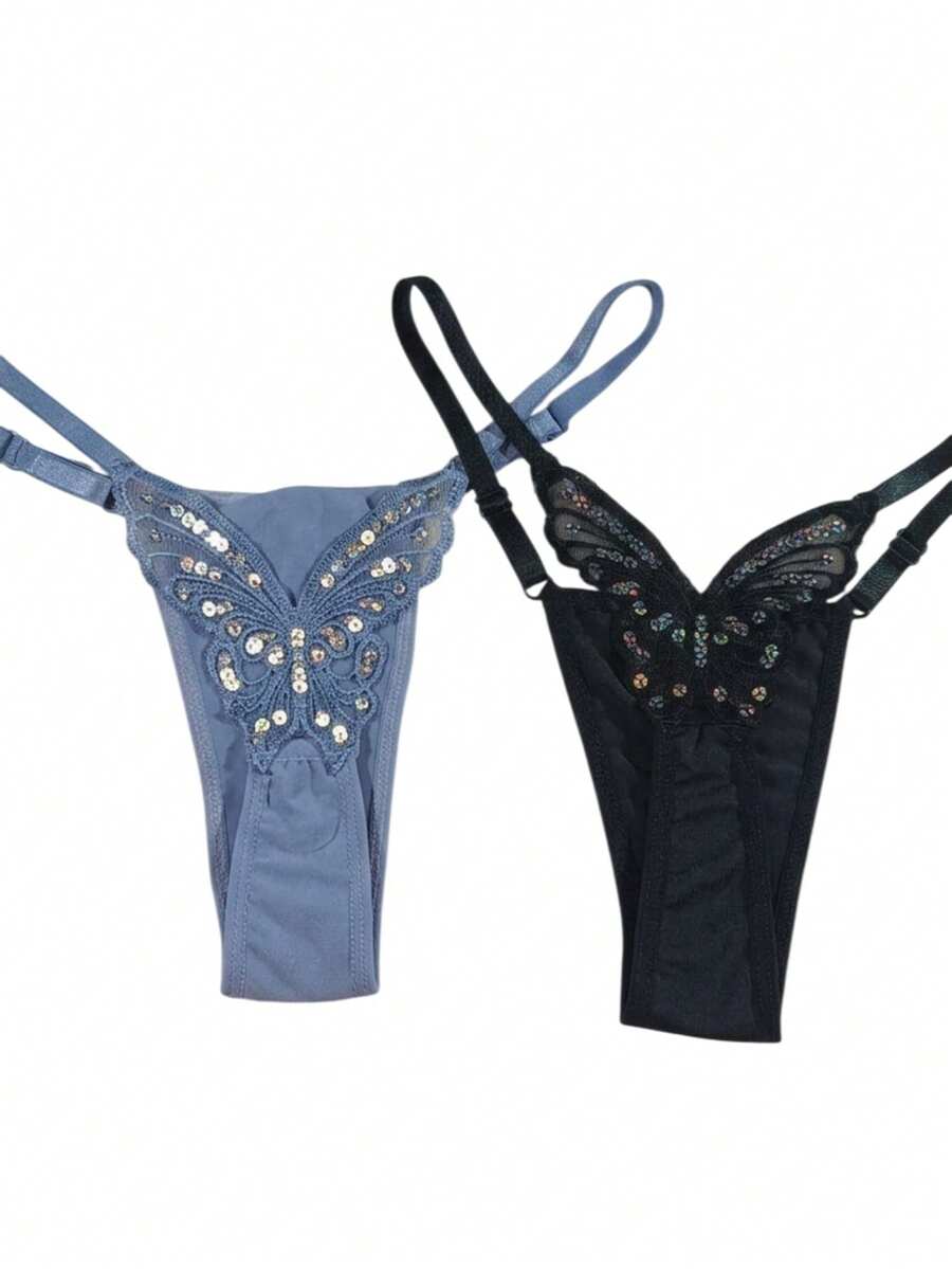 Butterfly Panties Kit 2 Microfiber Thong Lingerie Sexy Sensual Adjustable G-String - Negro y azul claro - Ver 1