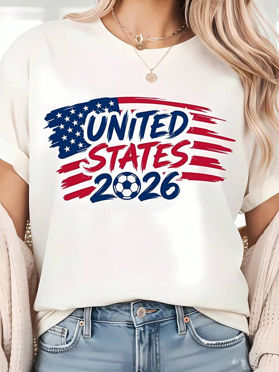 Playeras de mujer, blusas para mujer, blusas casuales para dama, Playera Gráfica Selección Estadounidense de Fútbol 2026, Diseño con Bandera de EE.UU Estilo Pintura, Playera Blanca Manga Corta Casual para Mujer, Ropa para Aficionados al Deporte, Ideal para Uso Diario y Eventos, vestidos casuales para mujer ropa deportiva versátil - Blanco - Ver 1