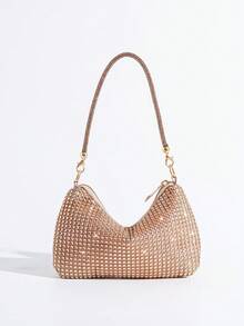 Niche Design Minimalist Evening Bag With Rhinestone Decor, Suitable For Party, Date, Shopping, Versatile Small Handbag - Champagne - View 2