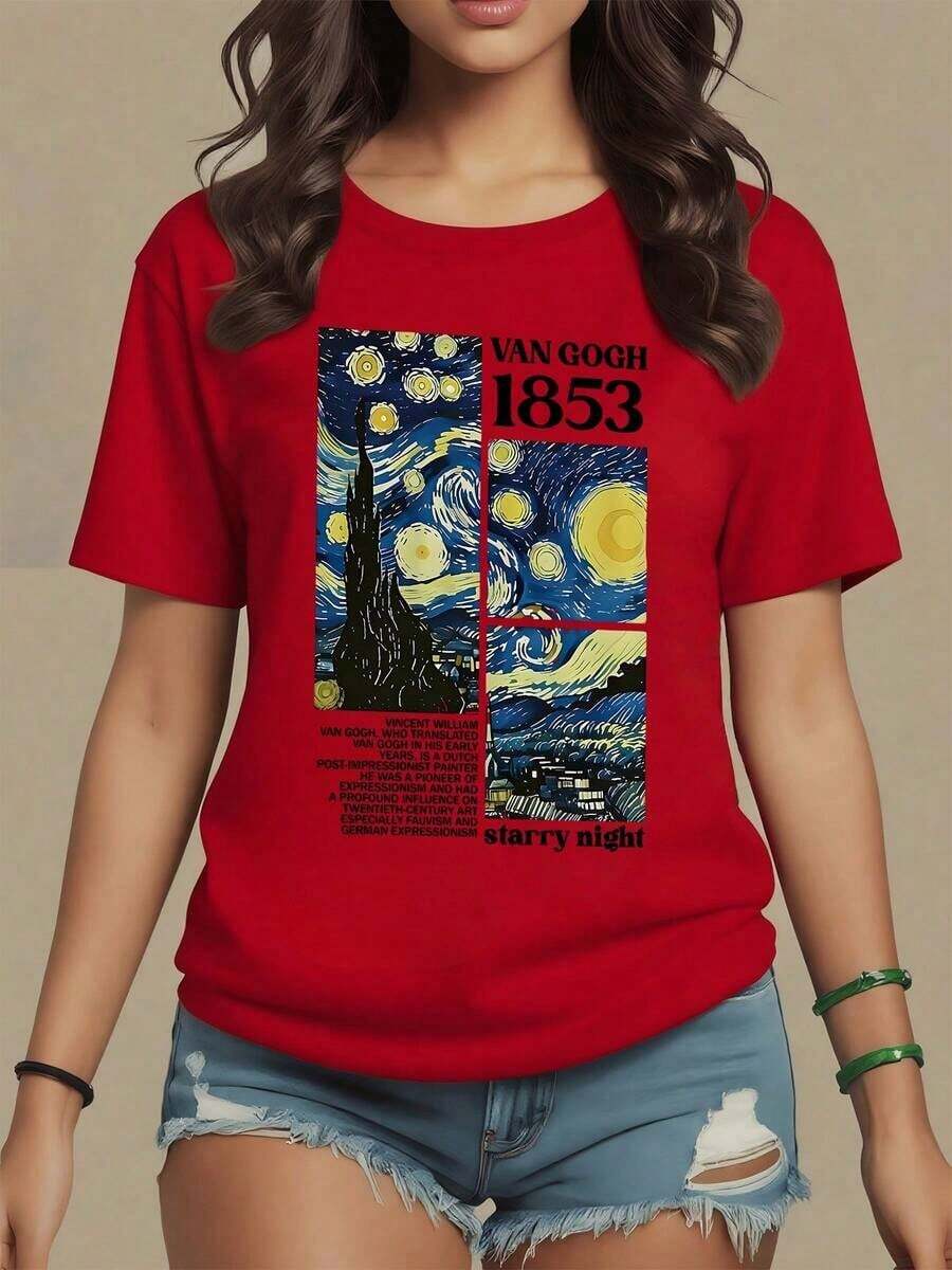 Night Landscape With Swirling Stars Symbolizing Hope In The Darkness And Beauty Of The Cosmos. Women's T-Shirt, 100% Soft And Comfortable Cotton, Maija Curvy Women. - 紅色 - 查看 1