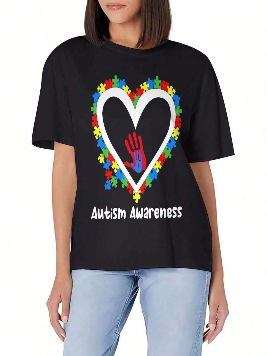 Women's Basic Crew Neck T-Shirt With Autism Awareness Hand Design - Soft Cotton, Slim Fit, Versatile For Everyday Wear - Vintage Urban Style, Unisex, Loose Fit Short Sleeve Cotton Crew Neck T-Shirt, Women's Blouses, Women's T-Shirts, Casual Blouses For Ladies. - 黑色 - 查看 1