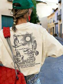 Women's Summer T-Shirt, Short Sleeve With Round Neck, Peace Dove And Sun Print, Loose Fit, Bohemian Style, With A Spiritual Touch, Urban Casual, Suitable For Travel, Seasonal Festivals, Versatile For Summer Outings And Street Wear, Unisex. - 杏色 - 查看 2
