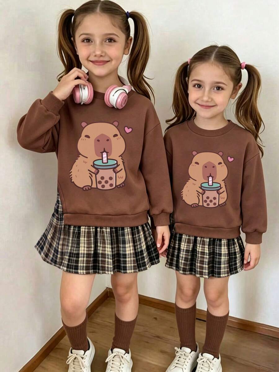 Young Girl Cartoon Print Round Neck Long Sleeve Dress - Coffee Brown - View 1