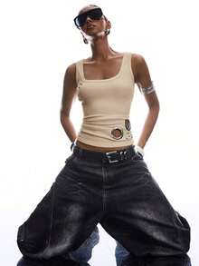 2026 Nueva Llegada, Top Minimalista Sin Mangas y Sin Espalda, Adecuado para Primavera/Verano, Estilo Hip-Hop, 100% Algodón, Top Personalizado Ajustado para Mujer, Chaleco de Algodón, Top con Botones Estilo Old Money, Tops Sexys para Damas, Top de Verano - Albaricoque - Ver 5