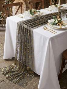 1pc Black Gold Sequin Table Runner,Broken Gold Gauze,Polyester Rectangular Sparkling Tablecloth,Wedding Table Runner,Birthday Babyshower Wedding Party Decoration,Halloween Party Decor,Happy Halloween Decorations For Home,Trick Or Treat Decor - Black Gold - View 5