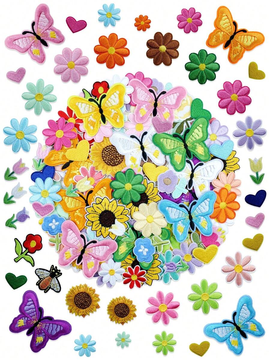 60pcs Random Floral, Butterfly, Bee Embroidered Patches, Clothing Ripped Hole Repair & Decor, Handmade DIY Accessories - Multicolor - View 1