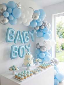 1 Set de decoraciones para baby shower que incluye pancarta de globos de papel de aluminio, corona floral de fondo, perfecta para fiesta infantil, anuncio de embarazo dulce y elegante, regalo para nuevos padres y madres embarazadas, decoración de pared metálica brillante en rosa y azul, decoraciones para celebración de recién nacido y revelación de género - Multicolor - Ver 8