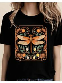 Casual T-Shirt For Women. One-Piece T-Shirt With Artistic Dragonfly Print, Bohemian Style, Casual Wear For Nature Lovers, 2D Summer Outfit, Cute Blouses For Women, Loose-Fitting Casual T-Shirt, Loose And Slightly Stretched. 100% Cotton. Durable. - 黑色 - 查看 6