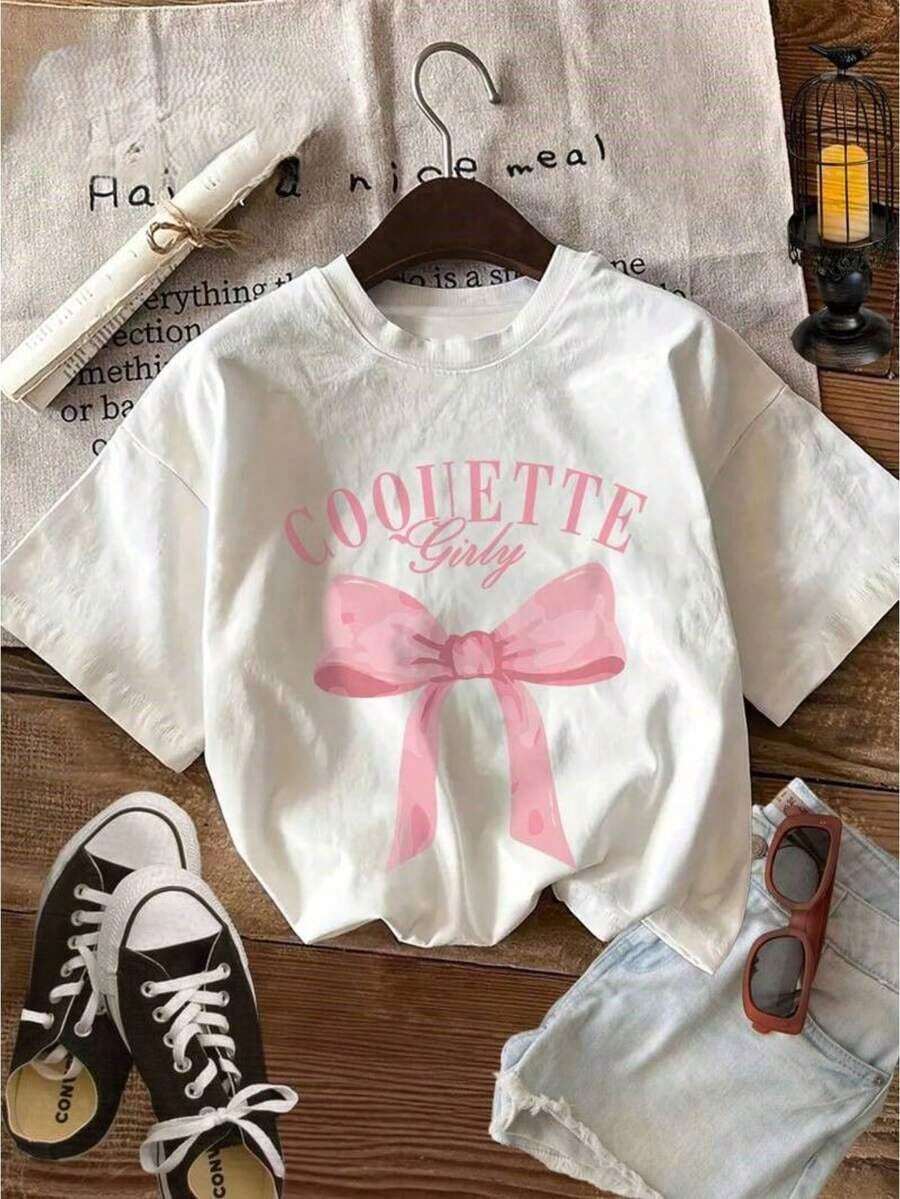 Camiseta femenina coquette casual lazo estampado tejido suave holgada cuello redondo manga corta primavera verano uso diario T-shirt - Blanco - Ver 1