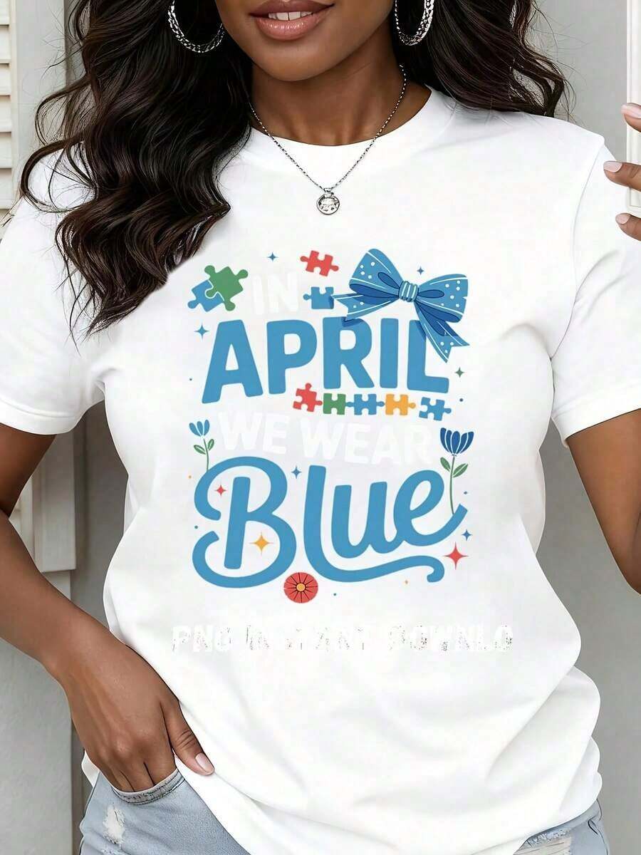 Camiseta de cuello redondo para mujer, con estampado de piezas de rompecabezas azules y lazo, manga corta, para el Mes de Concientización sobre el Autismo. - Blanco - Ver 1