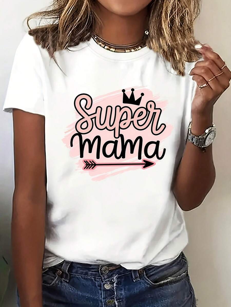 Camiseta de mujer Super Mamá con estampado de corona y flecha - Linda camiseta de manga corta con eslogan de Súper Mamá, regalo del Día de la Madre, blusa casual de primavera verano para reuniones familiares y atuendo casual - Ropa de mujer cómoda - Blanco - Ver 1