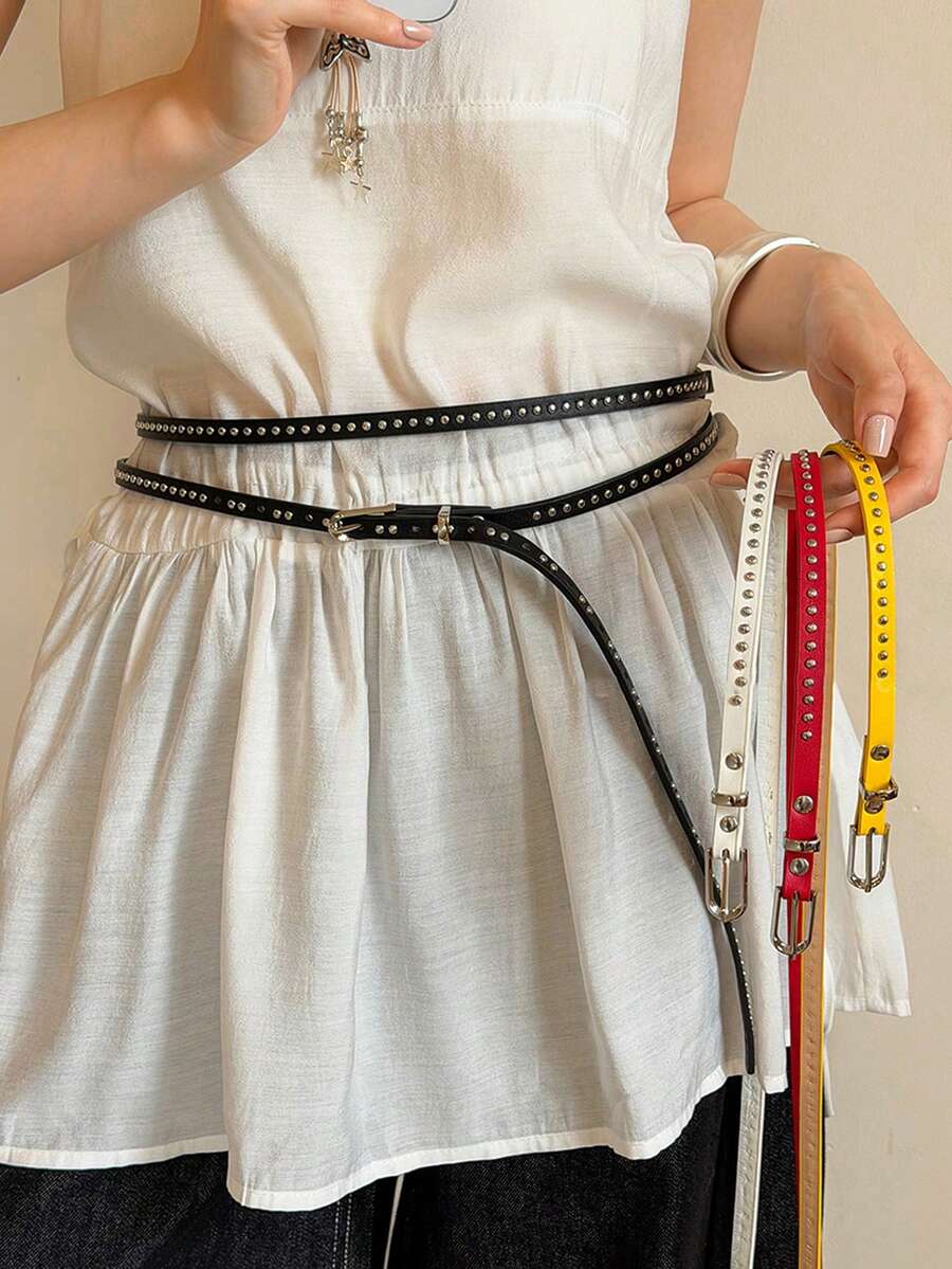 1pc Women's Double-Layer Rivet Decorated Belt, Easy To Match With Jeans, Sexy Leather Accessory - Multicolor - View 1