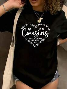 1 pieza Camiseta de Mujer "Los Primos Siempre Están Conectados Sin Importar la Distancia" Camiseta Casual Divertida de Manga Corta con Estampado Gráfico de Gran Tamaño 1 Pieza Camiseta Novedosa de Cuello Redondo 100% Algodón 180g, Todos los diseños están impresos. Unisexo. - Negro - Ver 1
