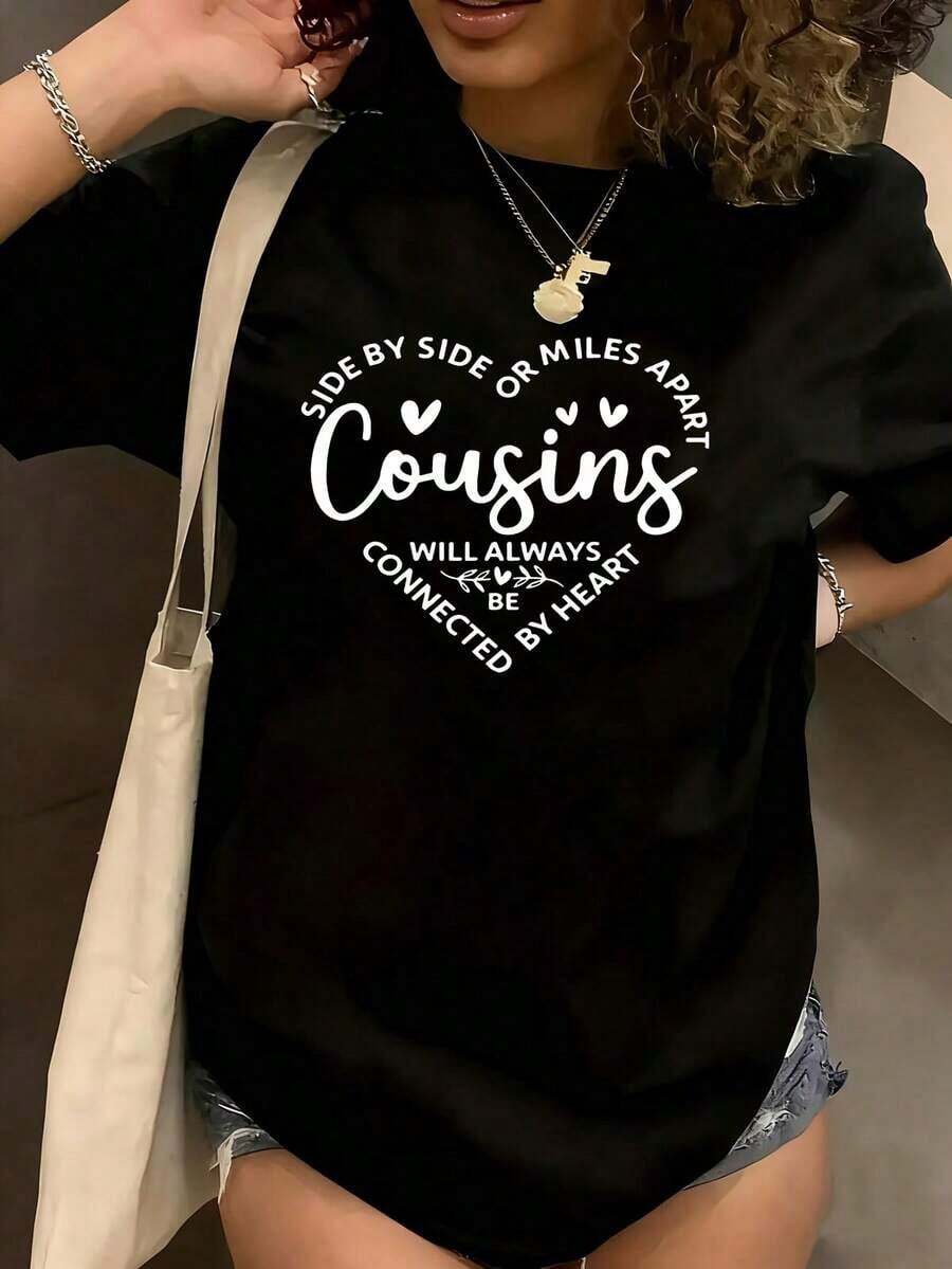 1 pieza Camiseta de Mujer "Los Primos Siempre Están Conectados Sin Importar la Distancia" Camiseta Casual Divertida de Manga Corta con Estampado Gráfico de Gran Tamaño 1 Pieza Camiseta Novedosa de Cuello Redondo 100% Algodón 180g, Todos los diseños están impresos. Unisexo. - Negro - Ver 1