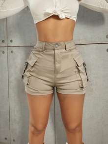 Y2K Style Elastic Waist Back Flap Pocket Decor Casual Comfortable Summer Shorts - Khaki - View 4