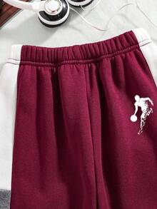 Tween Boy Cartoon Pattern Color Block Warm Crew Neck Sweatshirt And Pants Set - Burgundy - View 8