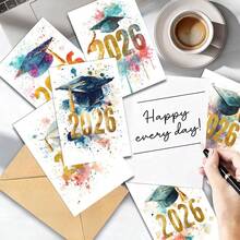 6/12pcs Graduation Card Set, 2026 Colorful Splash Handwritten Greeting Cards + Envelopes, Suitable For Graduation Party Invitations And Congratulatory Cards - Multicolor - View 5