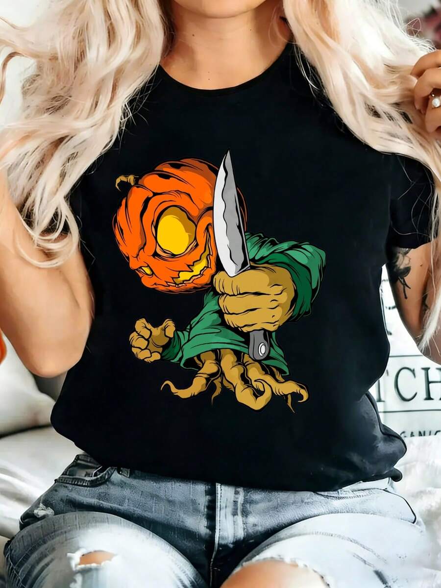 Camiseta unisex, camiseta de Año Nuevo 2026| Camiseta gráfica de moda casual de verano con diseño de monstruo calabaza sosteniendo un cuchillo, de secado rápido, para fiesta de Halloween, ropa de mujer, blusas para mujer, tops de mujer, playeras de mujer, atuendo casual diario, corte regular, combinaciones diarias, estampado gráfico, estilo deportivo casual. - Negro - Ver 1