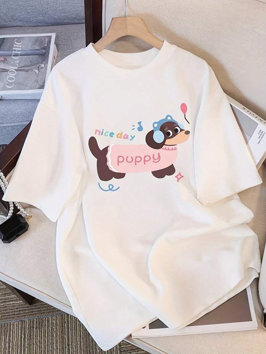 Women's T-Shirt - Y2K Style Puppy Print T-Shirt - Loose Fit Short Sleeve White Blouse With "Nice Day" Puppy Text, Soft, For Everyday Summer Wear, For Pet Lovers (Machine Washable), Fun Cartoon Print, Breathable Fabric, Casual T-Shirts For Women. - 白色 - 查看 1