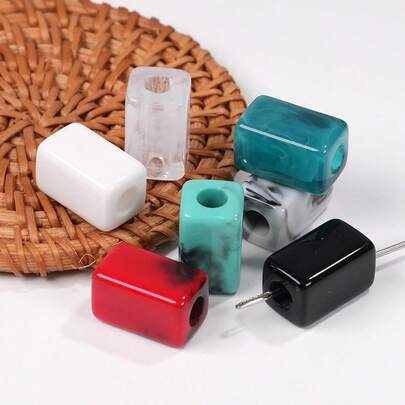 24pcs Marble-Effect Acrylic Rectangle Beads, Ink Wash Pattern Large Hole Cube Beads For DIY Jewelry Making, Bracelet Accessories