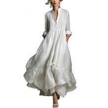 2026 Spring/Summer New European And American Elegant Women's Dress Series Crinkled Linen White Maxi Dress, Stand Collar 3/4 Sleeve Ruffle Hem Casual Dress With Pockets J7OV - Màu xanh lam - Xem 7